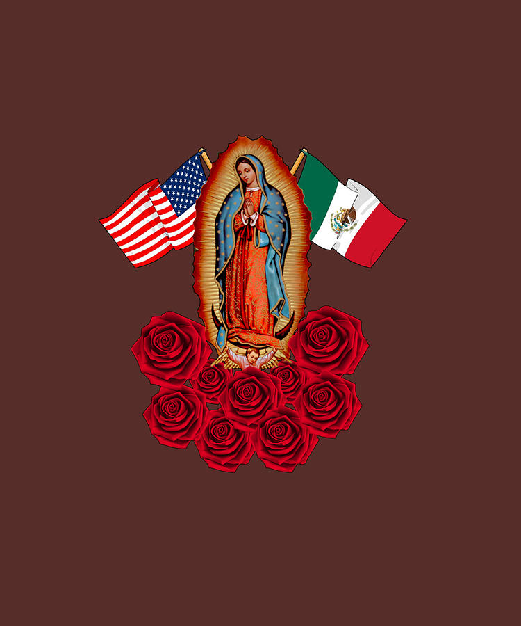Our Lady Virgen De Guadalupe Mexican American Flag Long Sleeve Drawing ...