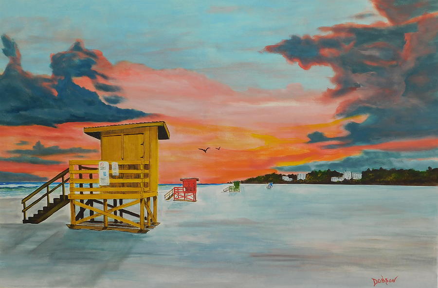 Beach Sunset Painting - Our Siesta Key Lifeguard Stands by Lloyd Dobson