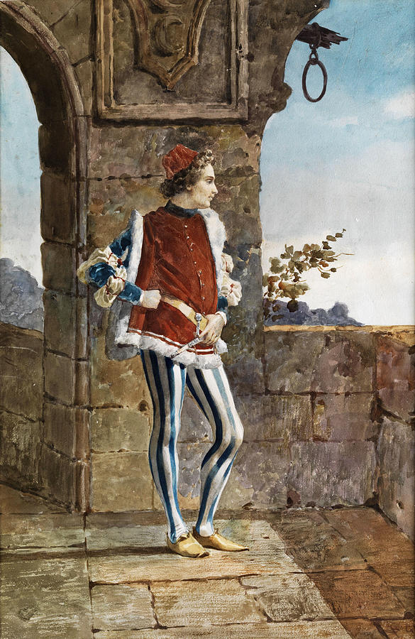 Ourtly Youth In Medieval Costume On A Wall Arch With A View Of The Landscape Drawing by Belisario Gioja