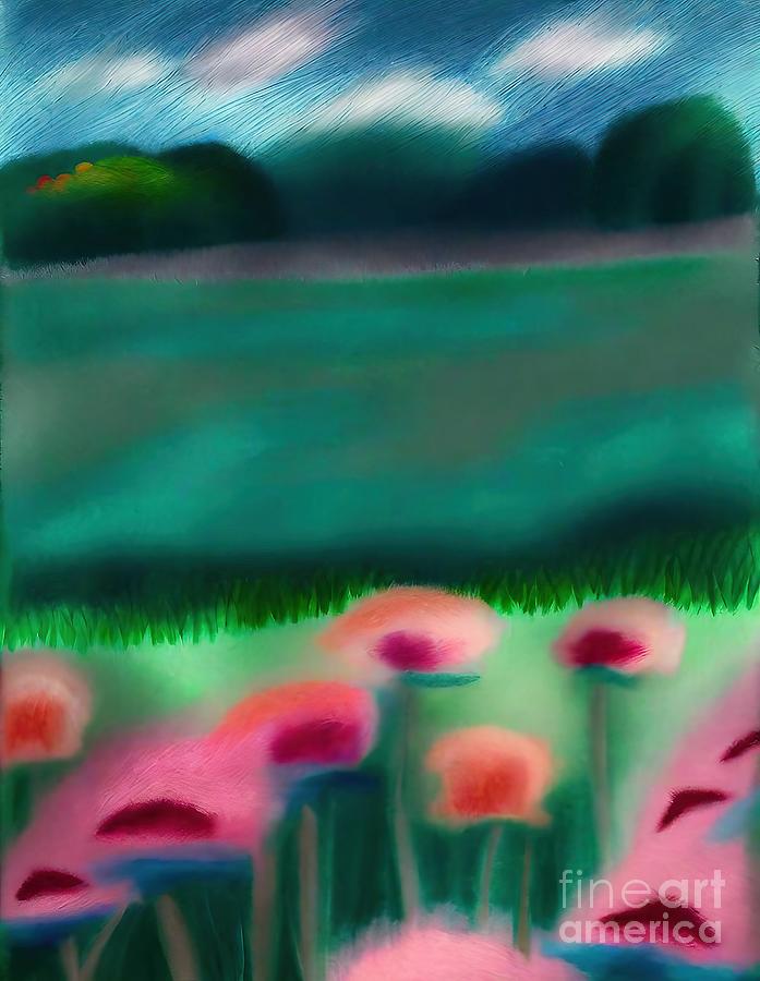 Flower Painting - Out in the field Painting Field Flowers Stormy sky Impressionist landscape Naive abstract art art work artist background blend blood canvas color cubism design details dizziness doodle drops by N Akkash