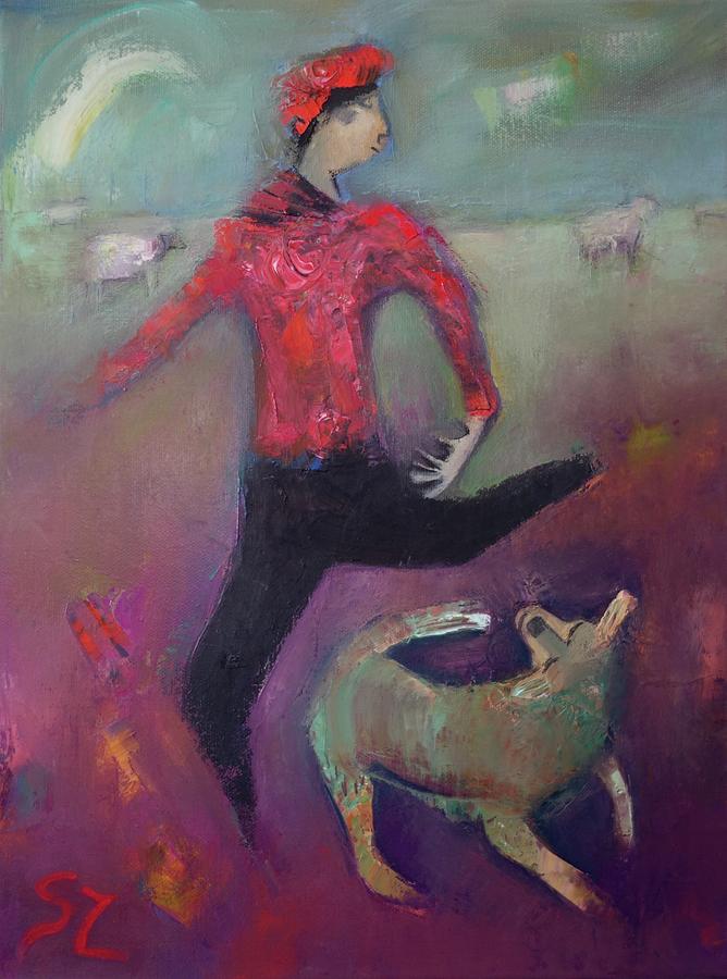 Out in the meadow dancing with sheep Painting by Suzy Norris