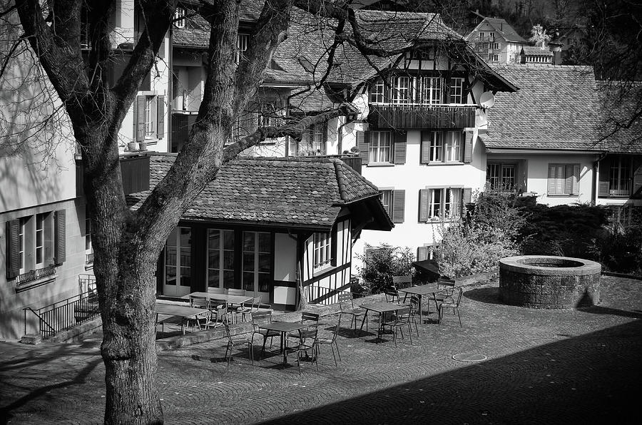 Outdoor Cafe in Old Town Bern Switzerland Black and White Photograph by Shawn OBrien