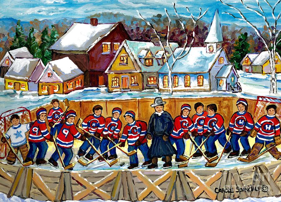 Outdoor Hockey Game Country Village Scene Local Priest Refs The Ice Rink C Spandau Canadian Artist Painting by Carole Spandau