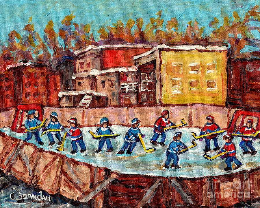 Outdoor Hockey Rink Canadian Hand Painted Original Fine Art For Sale C Spandau Quebec Winter Scenes Painting by Carole Spandau