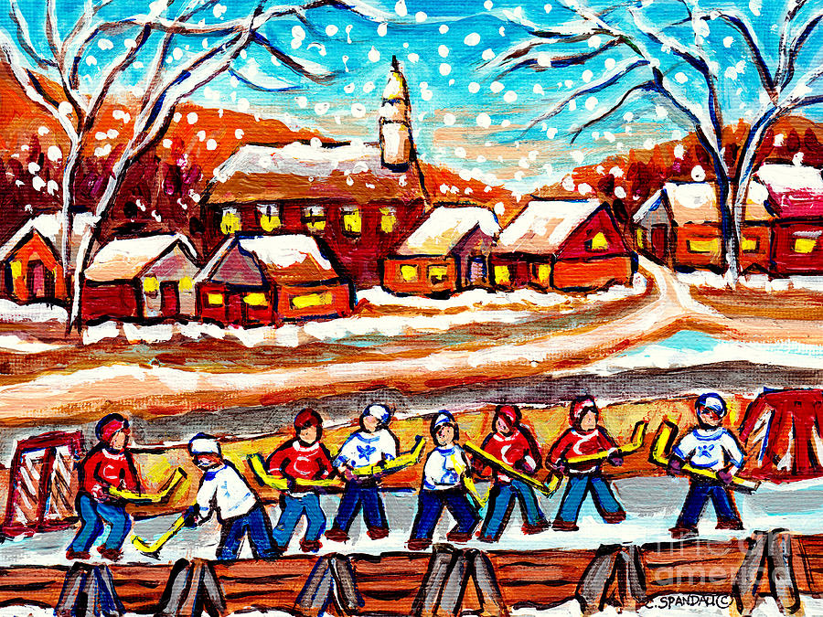 Outdoor Hockey Rink Cozy Cabins Church Village Scene Snow Falling Canadian Winter Painting C Spandau Painting by Carole Spandau