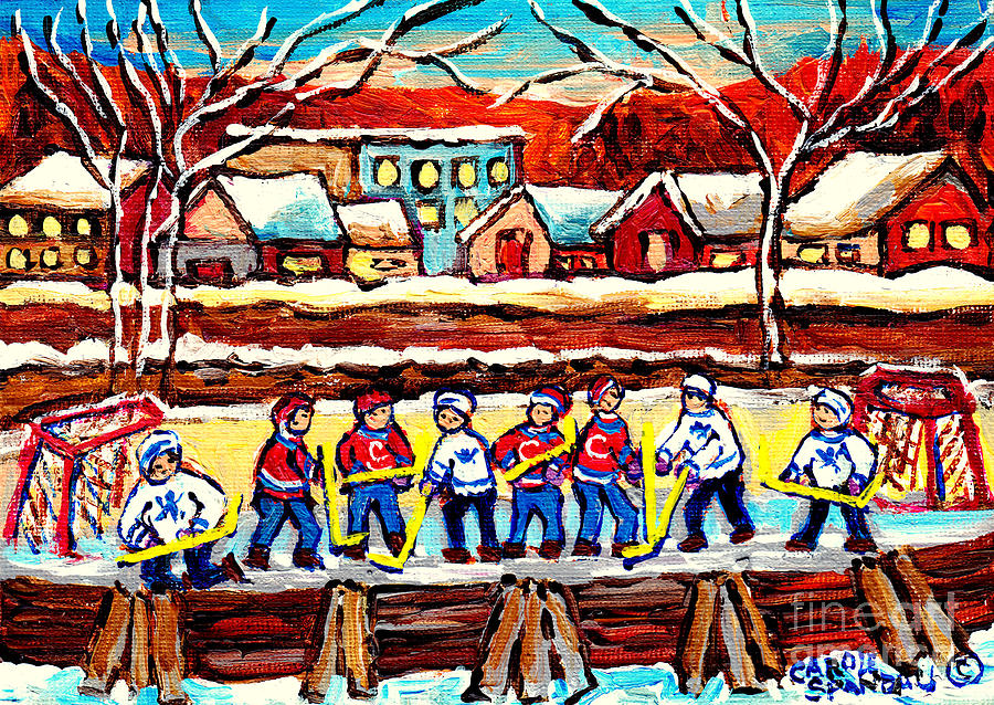 Outdoor Hockey Rink Cozy Village Painting Canadian Art Winter Landscape Scene C Spandau Artist Painting by Carole Spandau