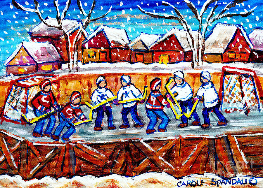 Outdoor Hockey Rink Painting Snowy Cabins Village Scene Canadian Landscape C Spandau Artist Painting by Carole Spandau