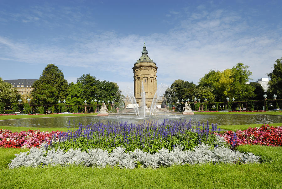 Outdoor photo Mannheim fountain with blooming flowers Photograph by No_limit_pictures