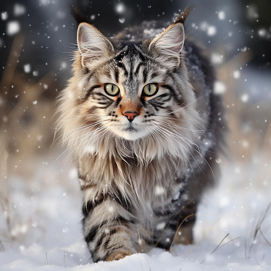 Outdoor portrait of a silver tabby Maine Coon hunting in a snowy set Photograph by Sonyah Kross