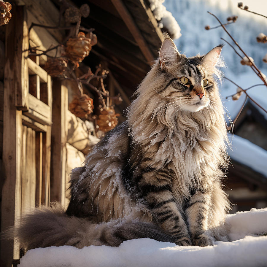 Outdoor portrait of a silver tabby Maine Coon in front of a snowy cottage during Winter Photograph by Sonyah Kross