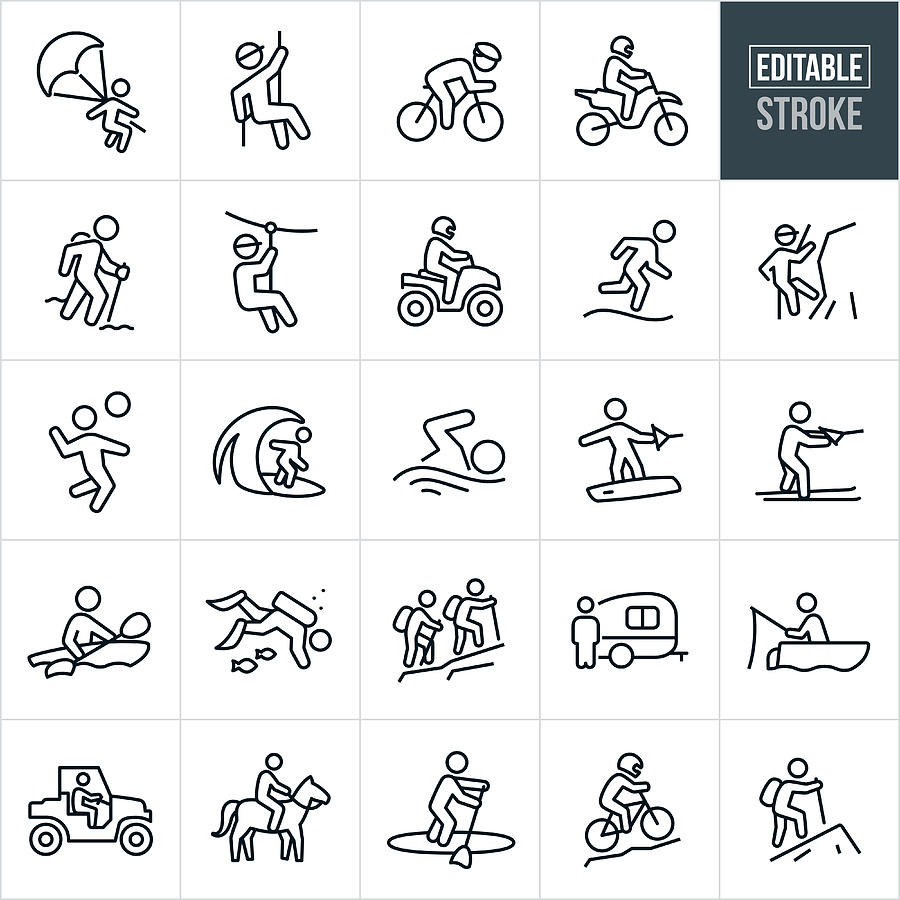 Outdoor Summer Recreation Thin Line Icons - Editable Stroke Drawing by Appleuzr