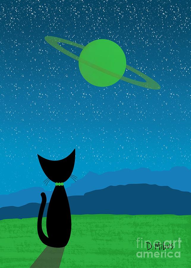 Outer Space Cat Admires Ringed Planet 3 Digital Art by Donna Mibus