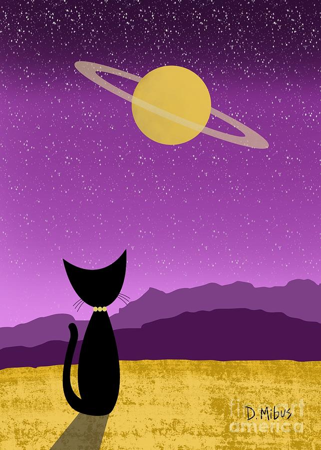 Outer Space Cat Admires Ringed Planet  Digital Art by Donna Mibus