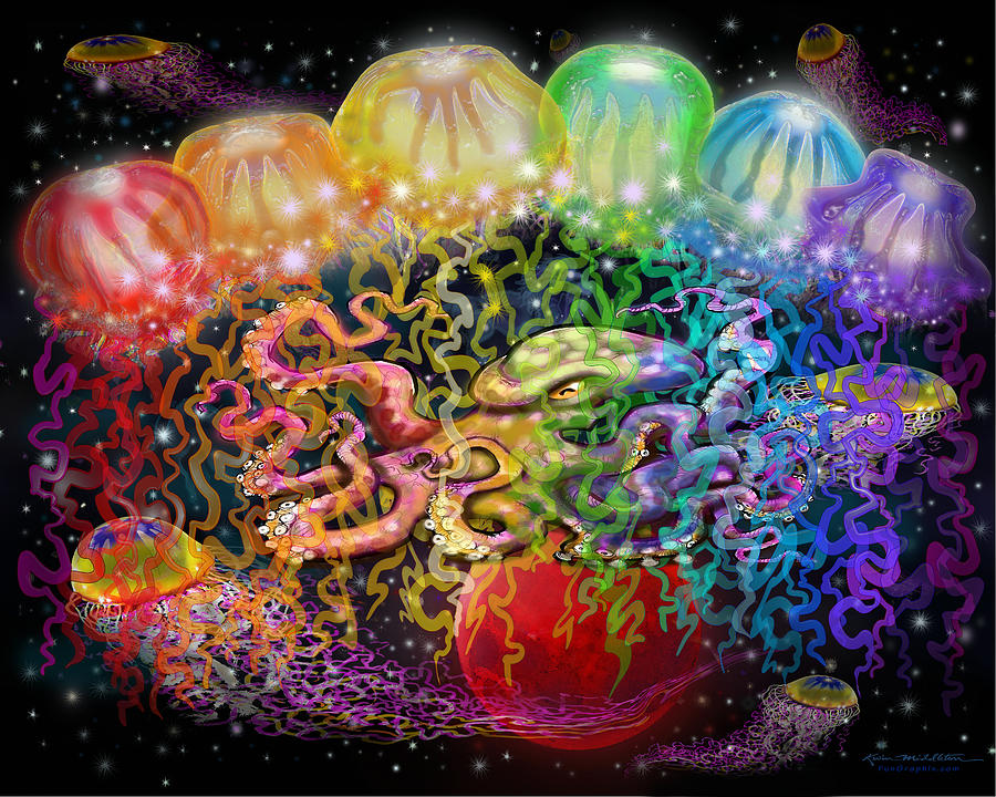 Outer Space Rainbow Alien Tentacles Digital Art by Kevin Middleton