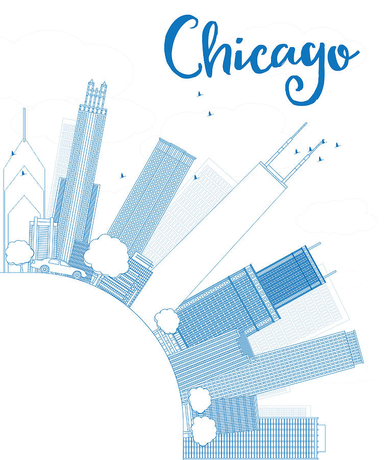 Outline Chicago city skyline with blue skyscrapers Drawing by Booblgum
