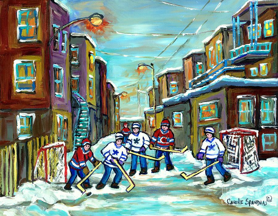 Outremont Back Lanes Hockey Game Kids Winter Fun Rosemont To Verdun To Psc C Spandau Montreal Artist Painting by Carole Spandau