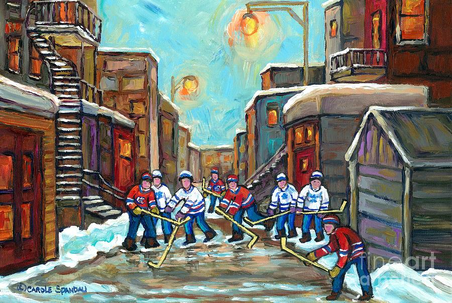 Outremont Back Lanes Hockey Park Ex To Rosemont To Verdun Kids Winter Fun Montreal Artist C Spandau Painting by Carole Spandau