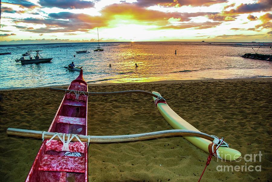 Sunset Photograph - Outrigger Canoe - Sunset Beachfront by D Davila