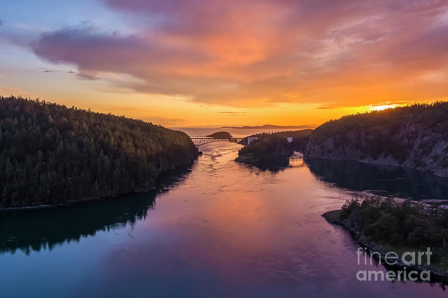 Over Deception Pass Sunset Clouds Reflections Photograph