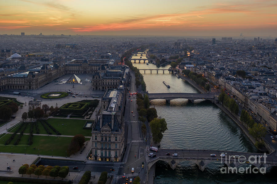 Over Paris Louvre And Seine Sunset Photograph