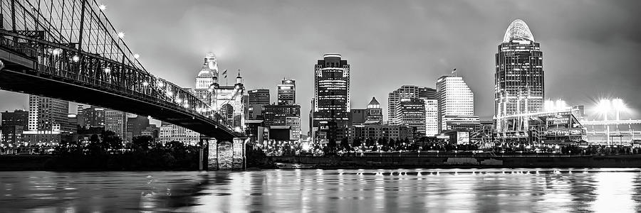 Over River Skyline Of Downtown Cincinnati Ohio In Monochrome - Panoramic Format Photograph by Gregory Ballos