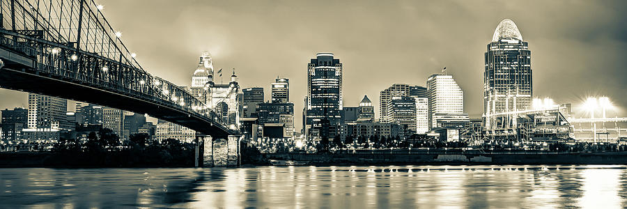 Over River Skyline Of Downtown Cincinnati Ohio In Sepia - Panoramic Format Photograph by Gregory Ballos