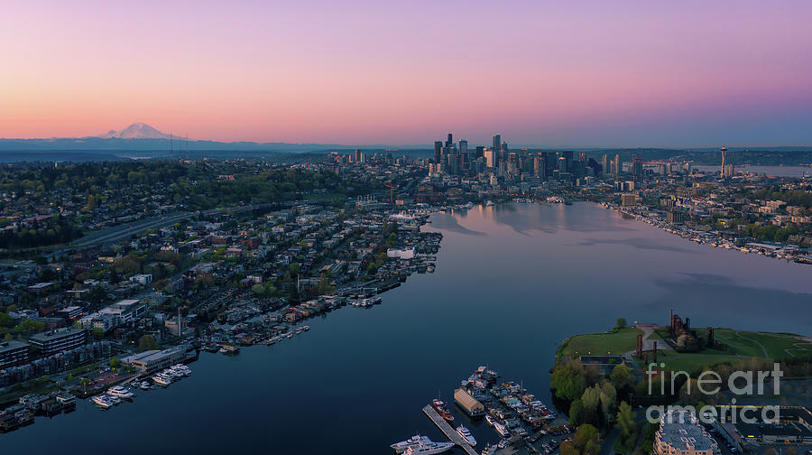Over Seattle Cityscape And Lake Union Sunrise Photograph
