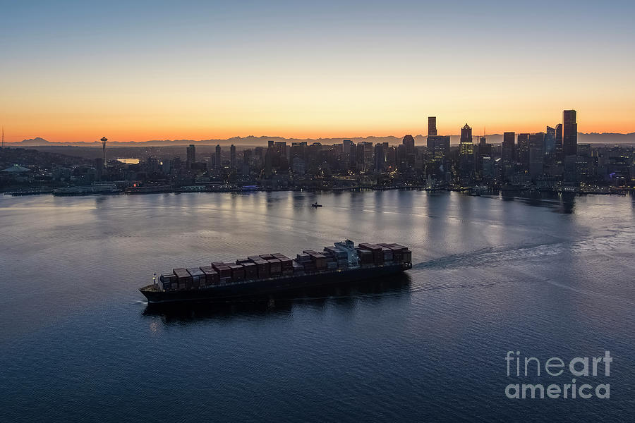 Over Seattle Container Ship Departure Photograph