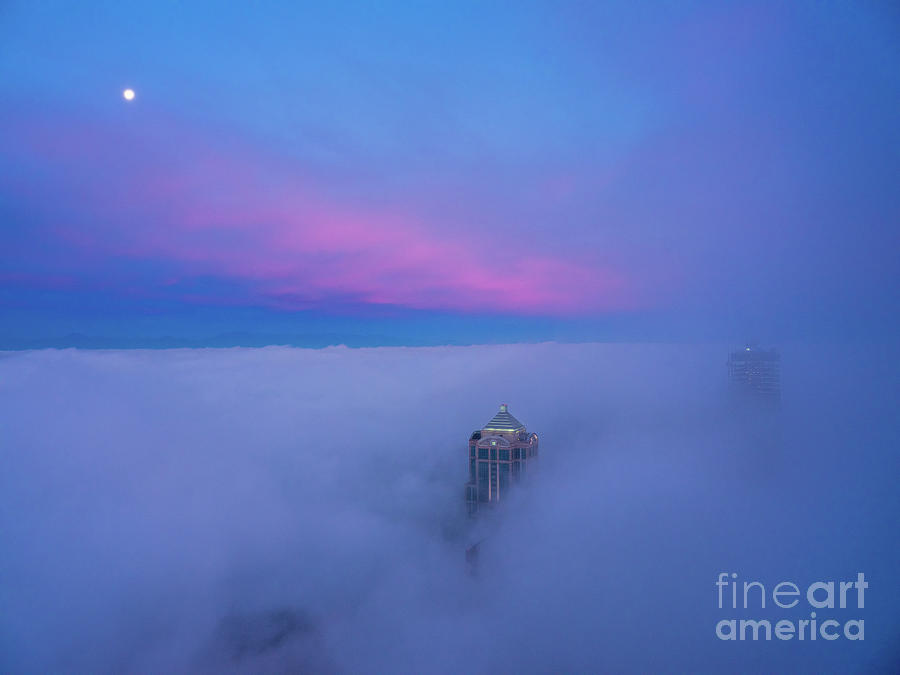 Over Seattle Dawn Moonset Photograph