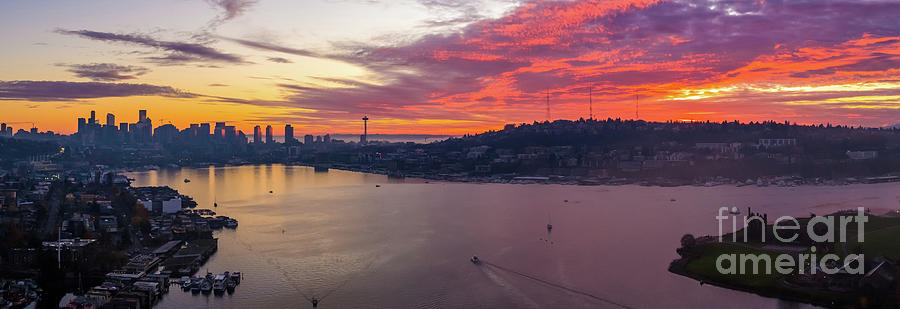 Seattle Photograph - Over Seattle Fiery Lake Union Sunset Panorama by Mike Reid