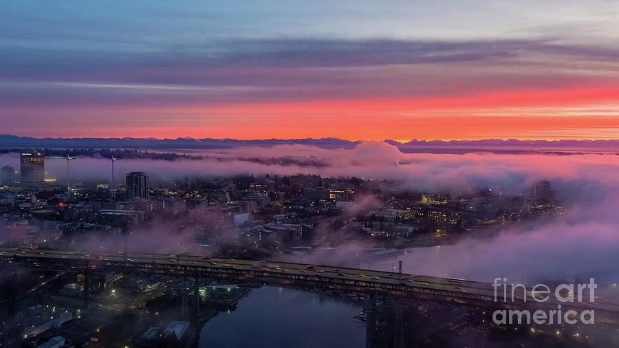 Over Seattle Freeway Traffic In The Fog At Sunrise Photograph