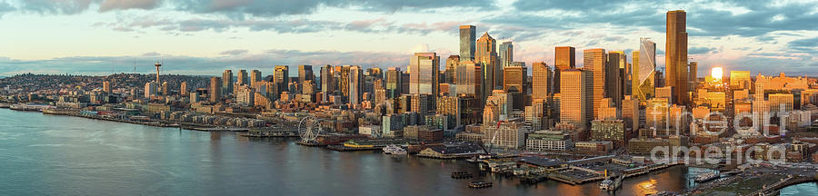 Over Seattle Golden Hour Skyline Panorama Photograph
