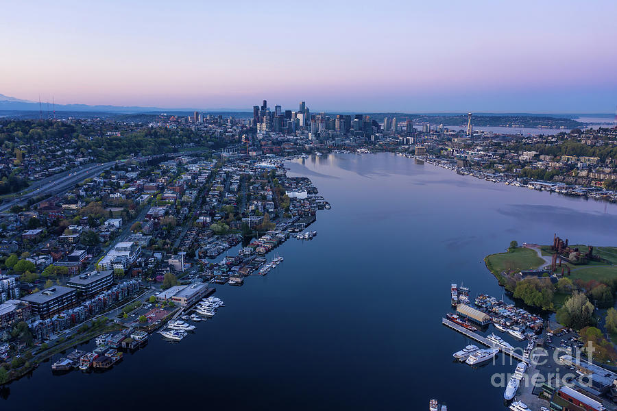 Over Seattle Lake Union and Downtown Seattle at Dawn Photograph by Mike Reid