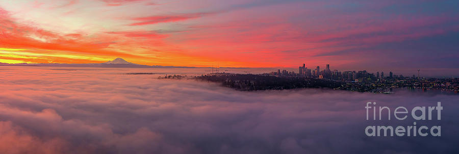 Over Seattle On A Cloud Panorama Sunrise Photograph