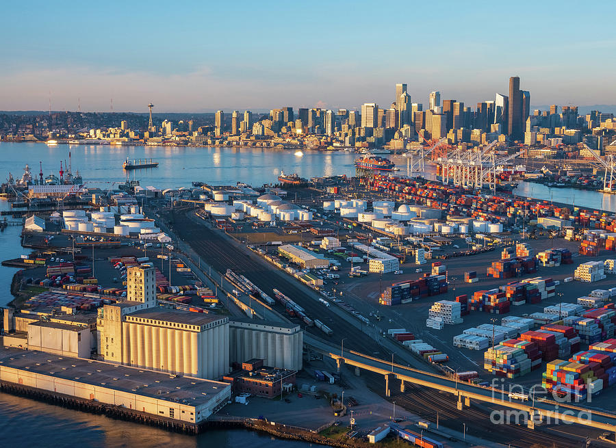 Over Seattle Port And Downtown Dusk Photograph