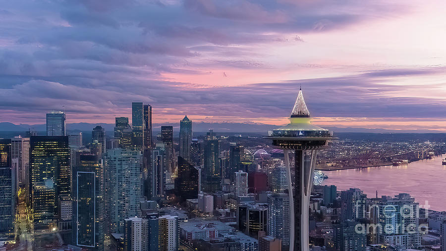 Over Seattle Space Needle Downtown Dusk Photograph