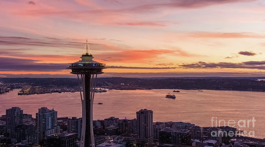 Over Seattle Space Needle Sunset Light Photograph