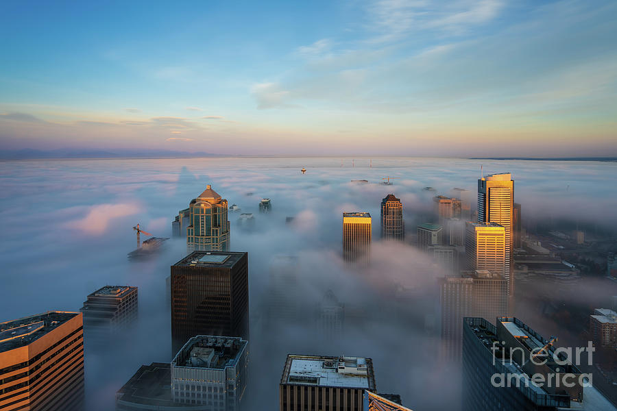 Over Seattle Sunrise City in the Clouds Photograph by Mike Reid