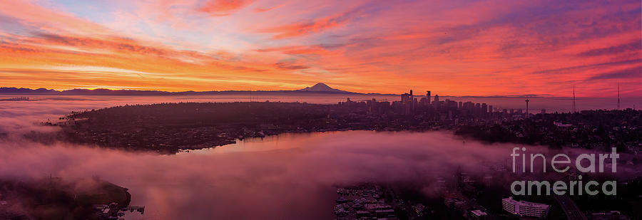 Over Seattle Sunrise Panorama Across The City Photograph