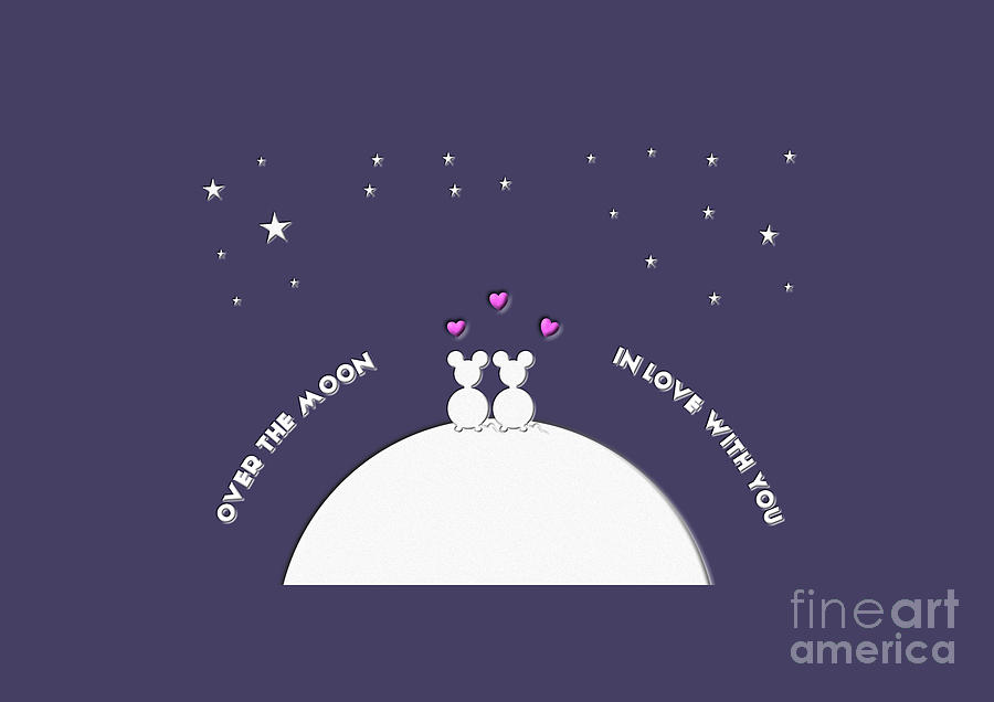 Over the Moon in Love with You Valentine Mouse Couple Whimsy  Digital Art by Barefoot Bodeez Art