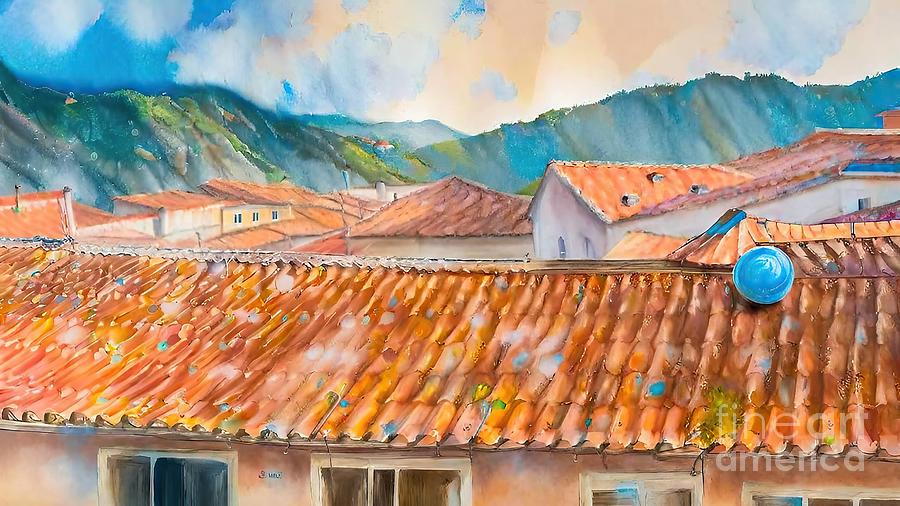 Architecture Painting - Over the roofs Painting roof bubble dream evasion house liberty acrylic adventure architecture art artistic artwork buildings cinque terre city cityscape coast contemporary creative design digital by N Akkash