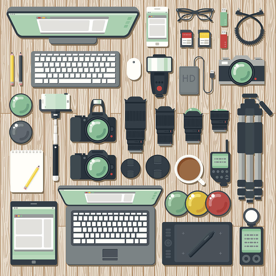Overhead View of a Photographers Desk Space Drawing by Jennifer Borton