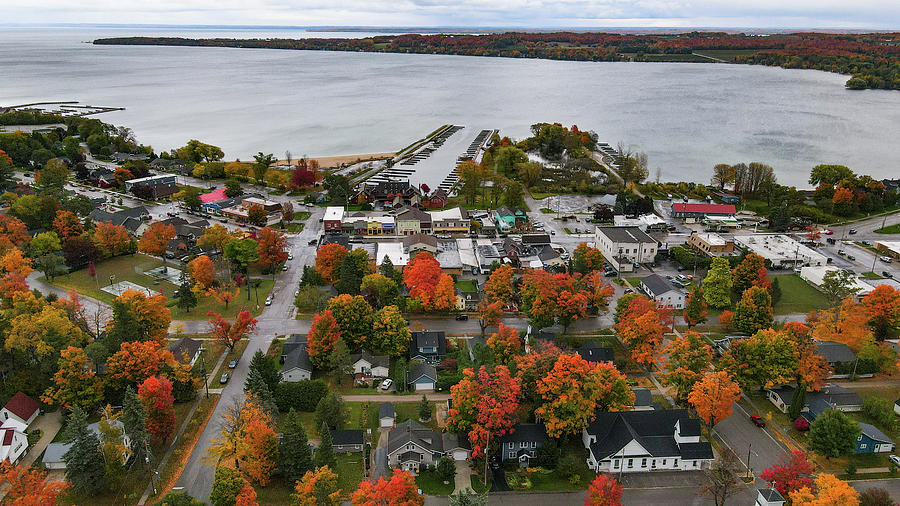 Overhead view of Charlevoix Michigan with fall colors Photograph by Eldon McGraw