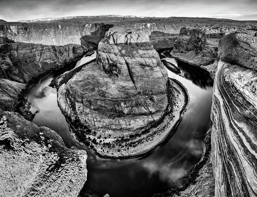 Black And White Photograph - Overlooking Horseshoe Bend in Page Arizona - Black and White by Gregory Ballos