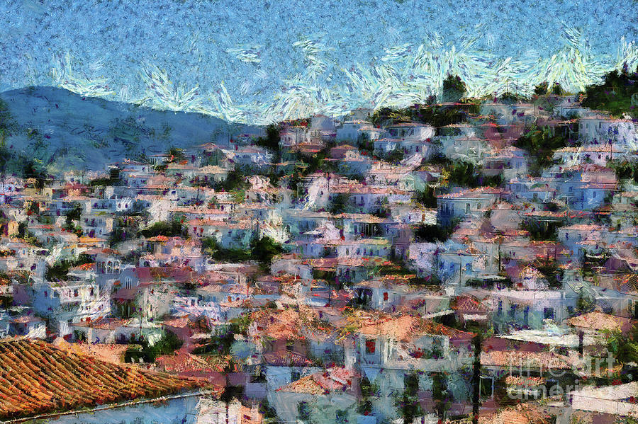 Overview of Poros town Painting by George Atsametakis
