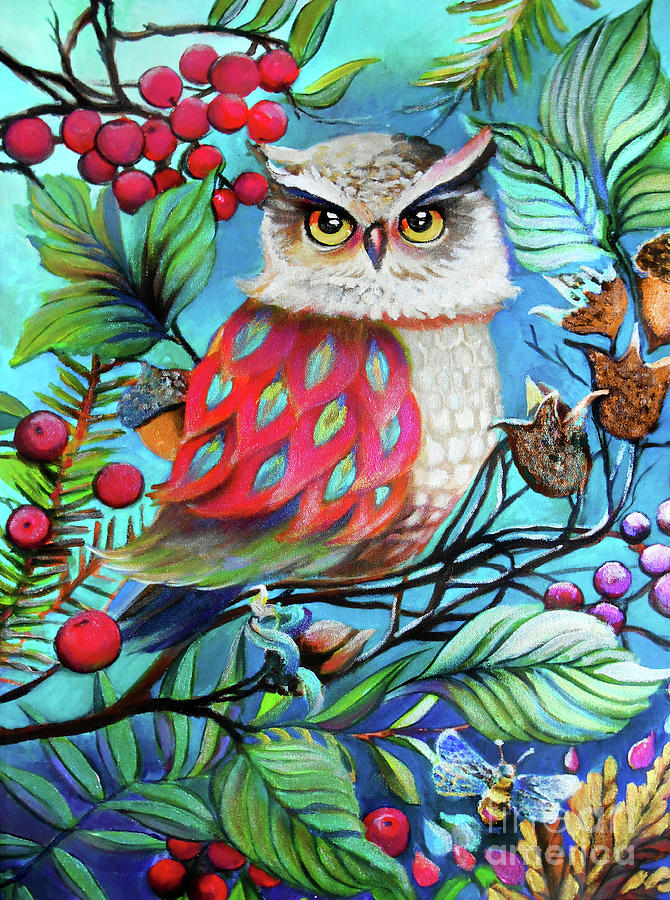 Owl Painting - Owl and Berries by E Bradshaw