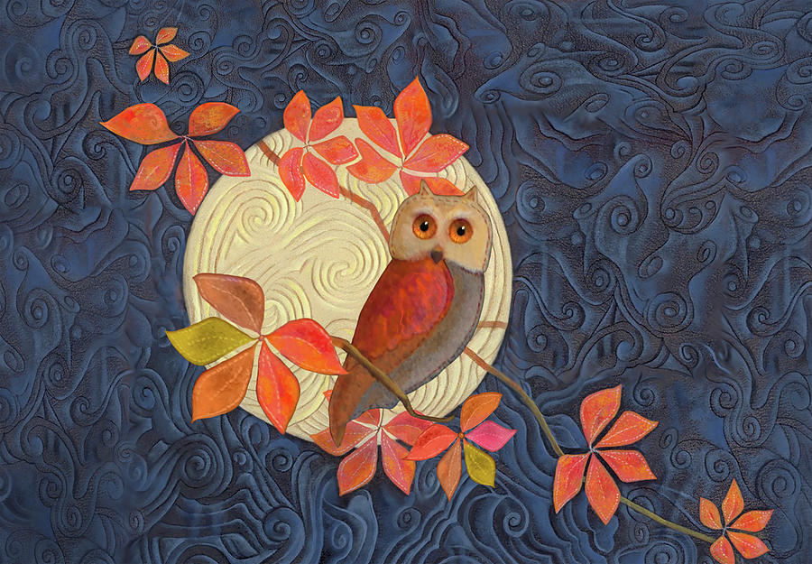Owl Painting - Owl and Moon on a Quilt by Nancy Lee Moran