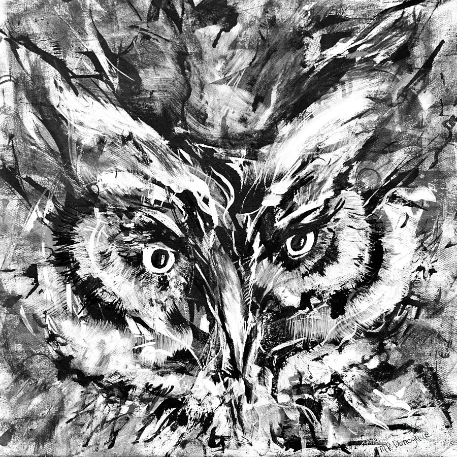 Abstract Painting - Owl- black and white- abstract by Patty Donoghue
