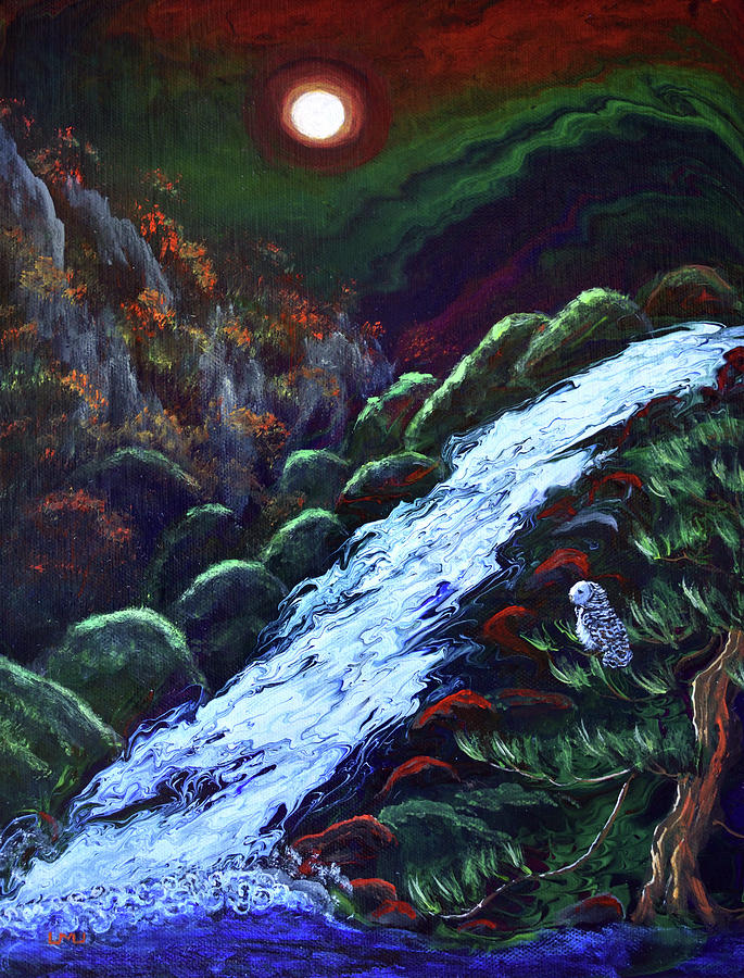 Owl by a Waterfall Painting by Laura Iverson