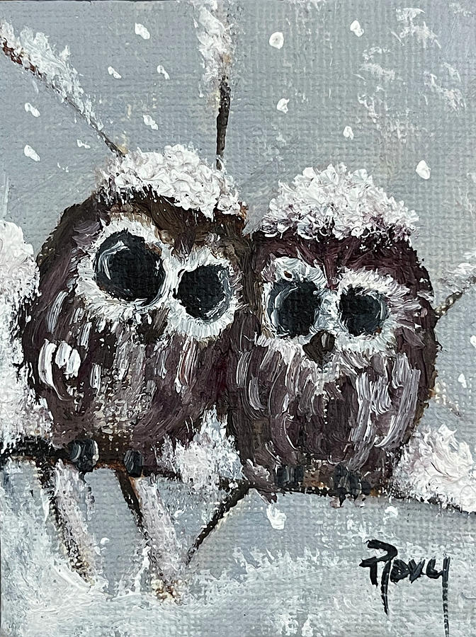 Owl Chicks in the Snow Painting by Roxy Rich